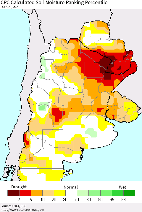 Southern South America CPC Calculated Soil Moisture Ranking Percentile Thematic Map For 10/16/2020 - 10/20/2020