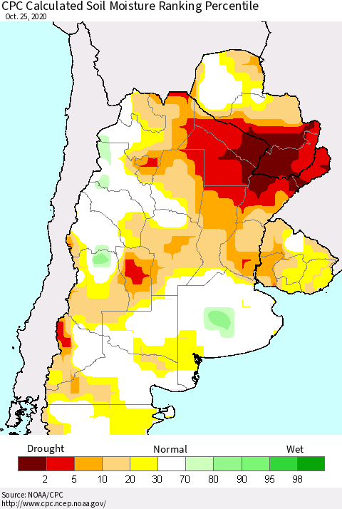 Southern South America CPC Calculated Soil Moisture Ranking Percentile Thematic Map For 10/21/2020 - 10/25/2020