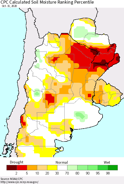 Southern South America CPC Calculated Soil Moisture Ranking Percentile Thematic Map For 10/26/2020 - 10/31/2020