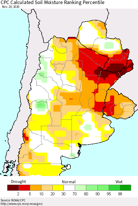 Southern South America CPC Calculated Soil Moisture Ranking Percentile Thematic Map For 11/16/2020 - 11/20/2020