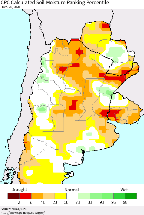 Southern South America CPC Calculated Soil Moisture Ranking Percentile Thematic Map For 12/16/2020 - 12/20/2020