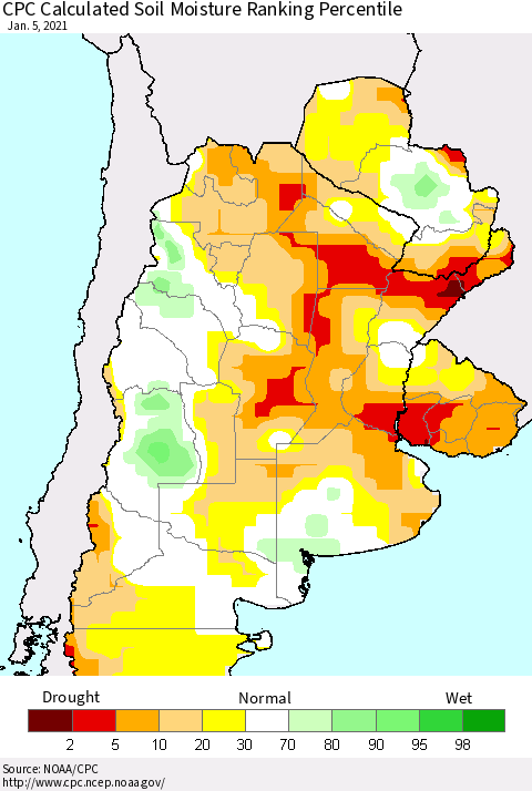Southern South America CPC Calculated Soil Moisture Ranking Percentile Thematic Map For 1/1/2021 - 1/5/2021