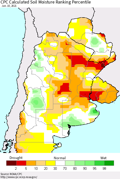 Southern South America CPC Soil Moisture Ranking Percentile (Leaky Bucket) Thematic Map For 1/6/2021 - 1/10/2021