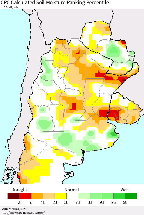Southern South America CPC Soil Moisture Ranking Percentile (Leaky Bucket) Thematic Map For 1/16/2021 - 1/20/2021