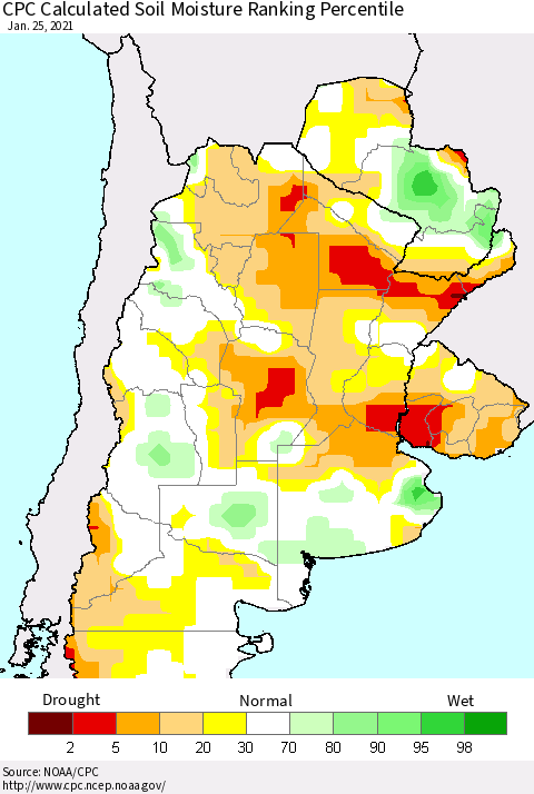 Southern South America CPC Calculated Soil Moisture Ranking Percentile Thematic Map For 1/21/2021 - 1/25/2021