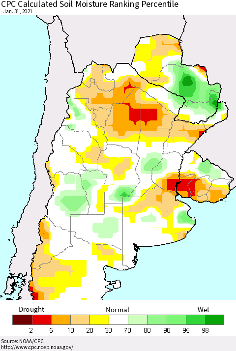 Southern South America CPC Calculated Soil Moisture Ranking Percentile Thematic Map For 1/26/2021 - 1/31/2021