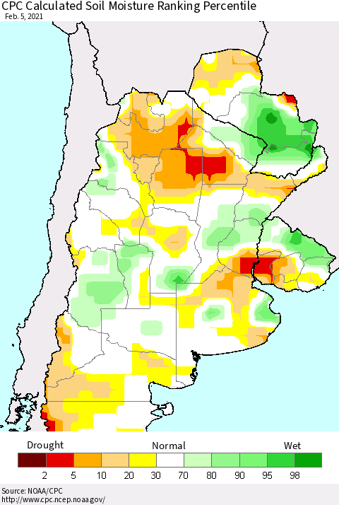 Southern South America CPC Calculated Soil Moisture Ranking Percentile Thematic Map For 2/1/2021 - 2/5/2021