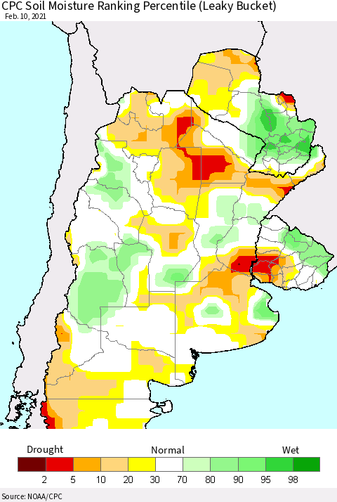 Southern South America CPC Soil Moisture Ranking Percentile (Leaky Bucket) Thematic Map For 2/6/2021 - 2/10/2021