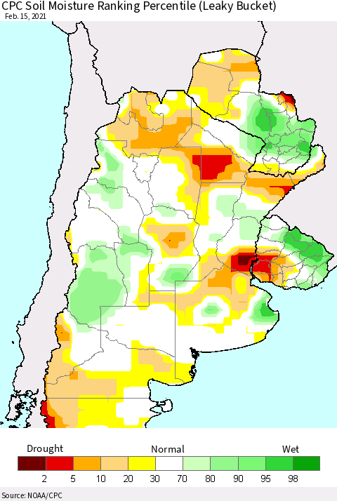 Southern South America CPC Soil Moisture Ranking Percentile (Leaky Bucket) Thematic Map For 2/11/2021 - 2/15/2021