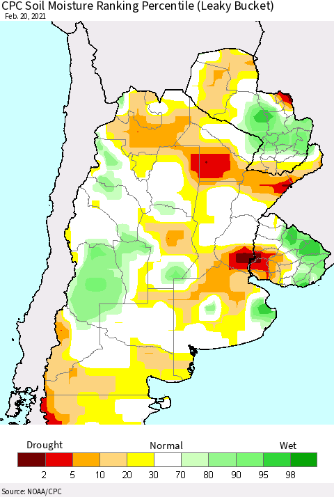 Southern South America CPC Calculated Soil Moisture Ranking Percentile Thematic Map For 2/16/2021 - 2/20/2021
