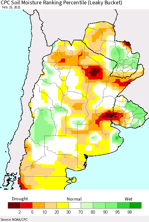 Southern South America CPC Calculated Soil Moisture Ranking Percentile Thematic Map For 2/21/2021 - 2/25/2021