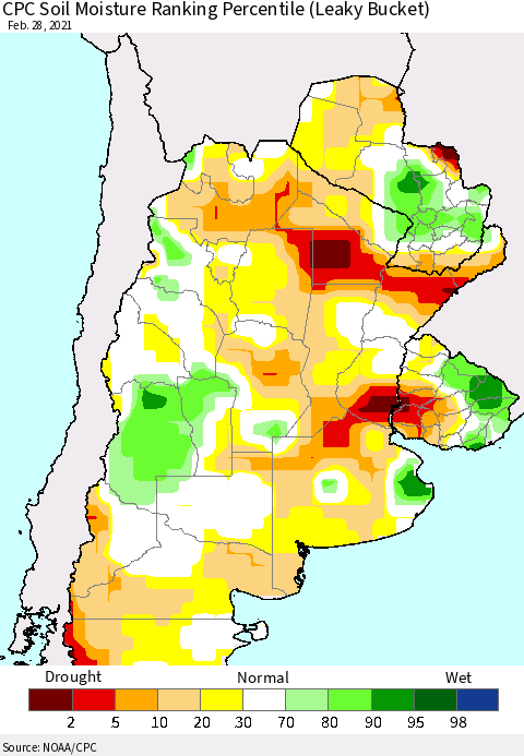 Southern South America CPC Calculated Soil Moisture Ranking Percentile Thematic Map For 2/26/2021 - 2/28/2021
