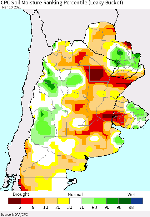 Southern South America CPC Calculated Soil Moisture Ranking Percentile Thematic Map For 3/6/2021 - 3/10/2021