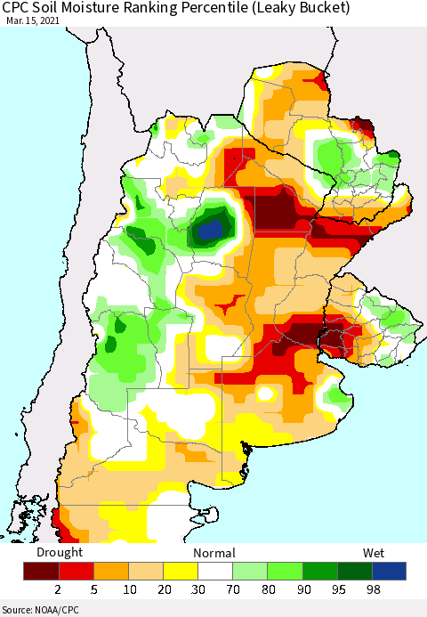Southern South America CPC Calculated Soil Moisture Ranking Percentile Thematic Map For 3/11/2021 - 3/15/2021