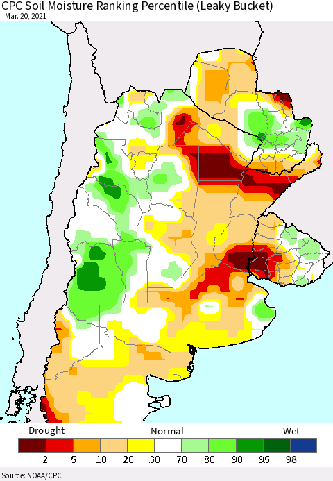 Southern South America CPC Calculated Soil Moisture Ranking Percentile Thematic Map For 3/16/2021 - 3/20/2021
