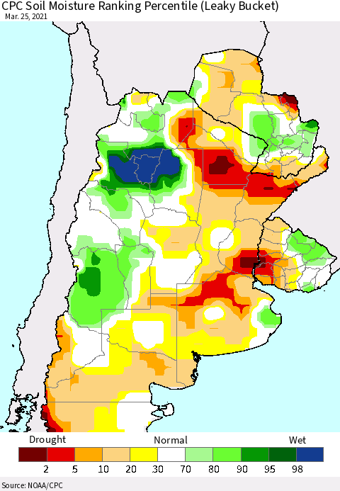Southern South America CPC Calculated Soil Moisture Ranking Percentile Thematic Map For 3/21/2021 - 3/25/2021