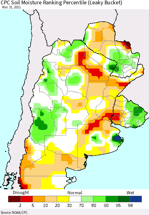 Southern South America CPC Soil Moisture Ranking Percentile (Leaky Bucket) Thematic Map For 3/26/2021 - 3/31/2021
