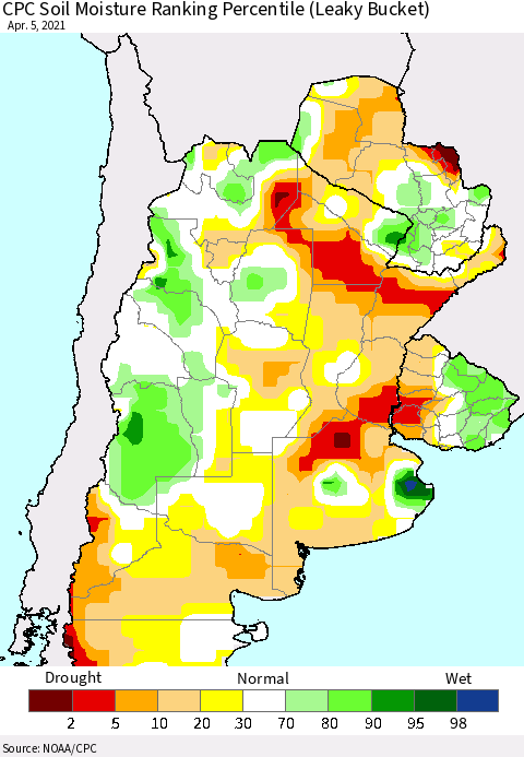 Southern South America CPC Calculated Soil Moisture Ranking Percentile Thematic Map For 4/1/2021 - 4/5/2021