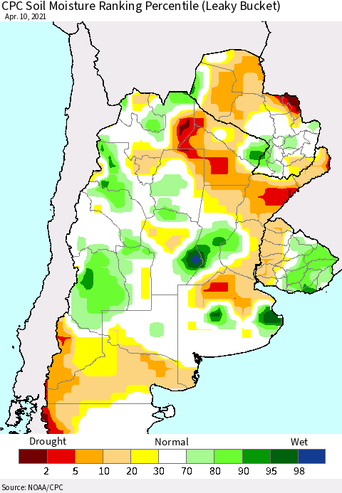Southern South America CPC Calculated Soil Moisture Ranking Percentile Thematic Map For 4/6/2021 - 4/10/2021