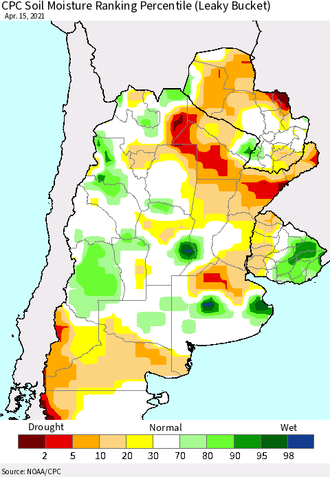 Southern South America CPC Calculated Soil Moisture Ranking Percentile Thematic Map For 4/11/2021 - 4/15/2021