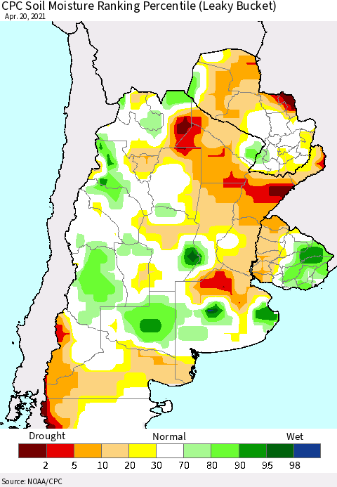 Southern South America CPC Calculated Soil Moisture Ranking Percentile Thematic Map For 4/16/2021 - 4/20/2021