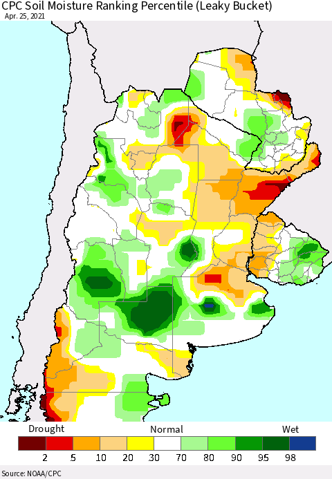 Southern South America CPC Calculated Soil Moisture Ranking Percentile Thematic Map For 4/21/2021 - 4/25/2021