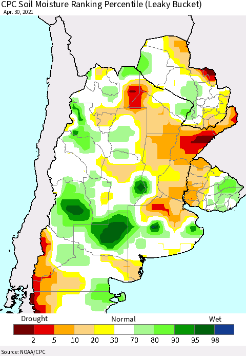 Southern South America CPC Soil Moisture Ranking Percentile (Leaky Bucket) Thematic Map For 4/26/2021 - 4/30/2021