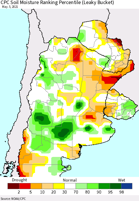 Southern South America CPC Calculated Soil Moisture Ranking Percentile Thematic Map For 5/1/2021 - 5/5/2021