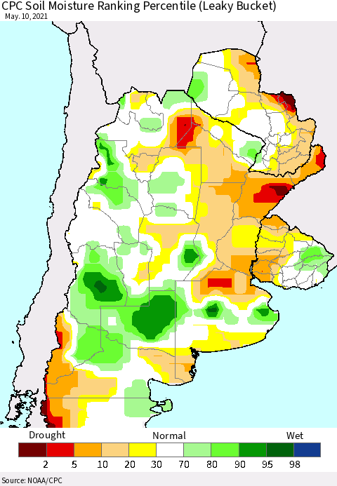 Southern South America CPC Calculated Soil Moisture Ranking Percentile Thematic Map For 5/6/2021 - 5/10/2021