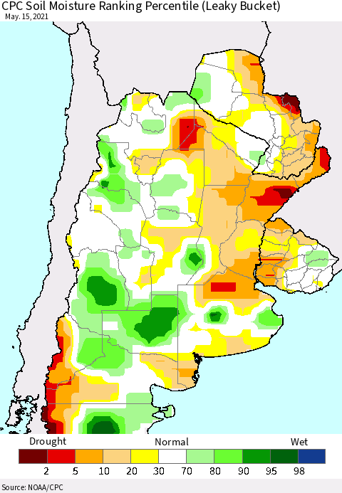 Southern South America CPC Calculated Soil Moisture Ranking Percentile Thematic Map For 5/11/2021 - 5/15/2021