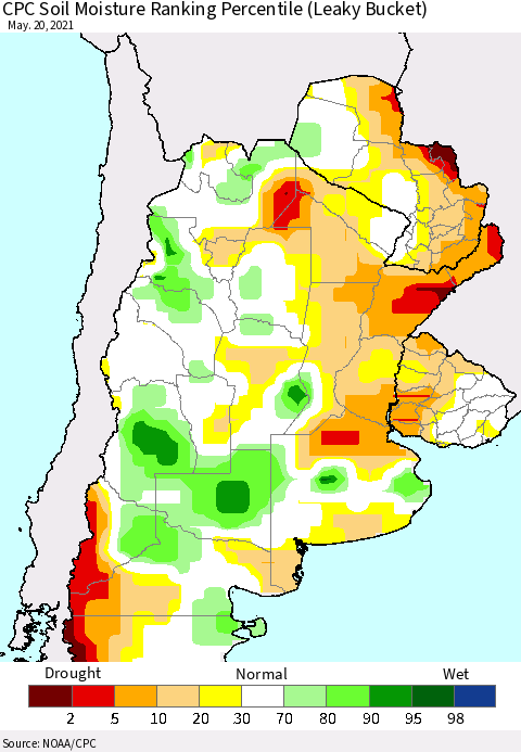 Southern South America CPC Soil Moisture Ranking Percentile (Leaky Bucket) Thematic Map For 5/16/2021 - 5/20/2021