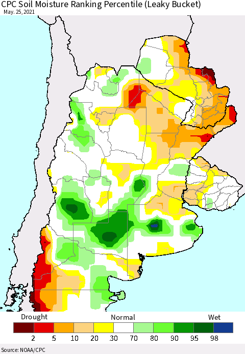 Southern South America CPC Calculated Soil Moisture Ranking Percentile Thematic Map For 5/21/2021 - 5/25/2021