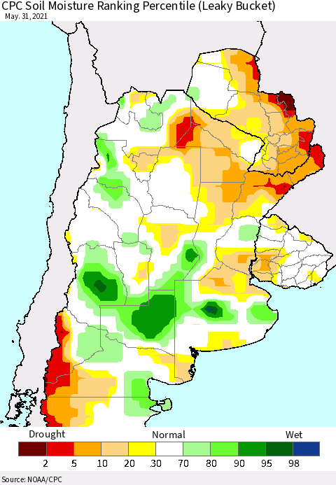 Southern South America CPC Soil Moisture Ranking Percentile (Leaky Bucket) Thematic Map For 5/26/2021 - 5/31/2021