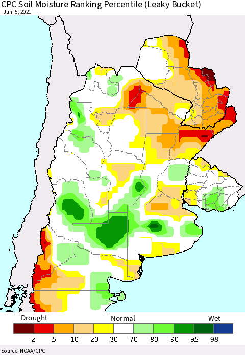 Southern South America CPC Calculated Soil Moisture Ranking Percentile Thematic Map For 6/1/2021 - 6/5/2021