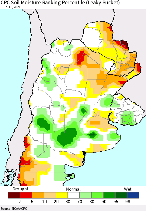 Southern South America CPC Calculated Soil Moisture Ranking Percentile Thematic Map For 6/6/2021 - 6/10/2021
