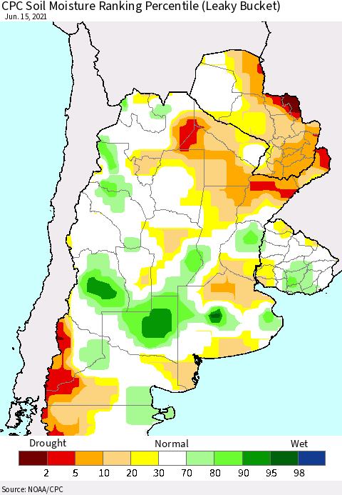 Southern South America CPC Calculated Soil Moisture Ranking Percentile Thematic Map For 6/11/2021 - 6/15/2021