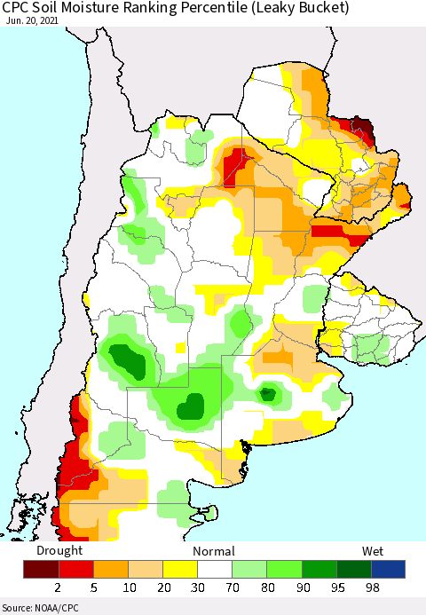 Southern South America CPC Calculated Soil Moisture Ranking Percentile Thematic Map For 6/16/2021 - 6/20/2021