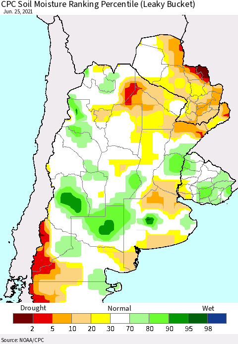 Southern South America CPC Calculated Soil Moisture Ranking Percentile Thematic Map For 6/21/2021 - 6/25/2021