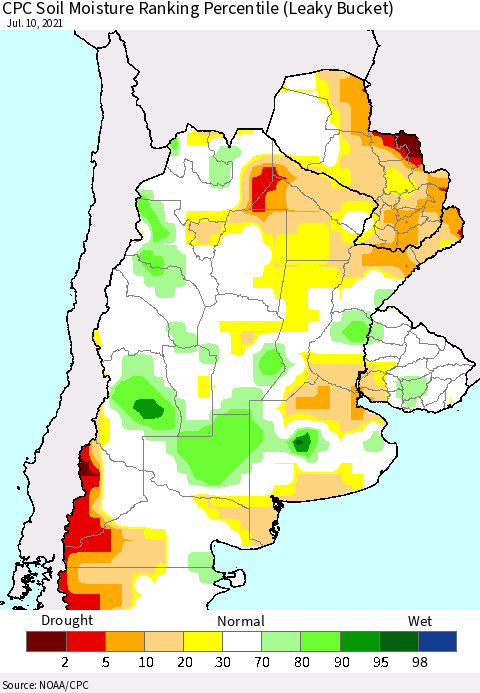 Southern South America CPC Soil Moisture Ranking Percentile (Leaky Bucket) Thematic Map For 7/6/2021 - 7/10/2021