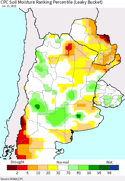 Southern South America CPC Soil Moisture Ranking Percentile (Leaky Bucket) Thematic Map For 7/11/2021 - 7/15/2021