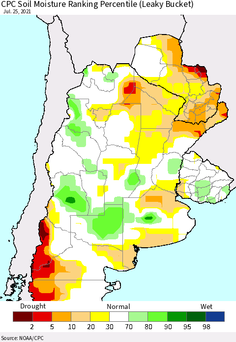 Southern South America CPC Soil Moisture Ranking Percentile (Leaky Bucket) Thematic Map For 7/21/2021 - 7/25/2021