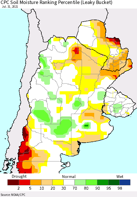 Southern South America CPC Soil Moisture Ranking Percentile (Leaky Bucket) Thematic Map For 7/26/2021 - 7/31/2021