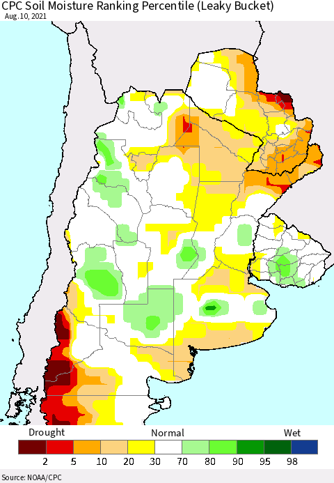 Southern South America CPC Soil Moisture Ranking Percentile (Leaky Bucket) Thematic Map For 8/6/2021 - 8/10/2021