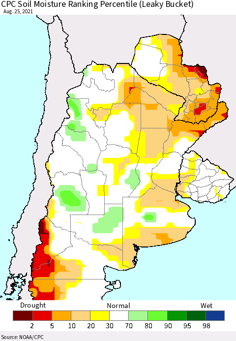Southern South America CPC Soil Moisture Ranking Percentile (Leaky Bucket) Thematic Map For 8/21/2021 - 8/25/2021