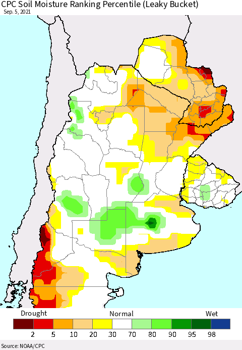 Southern South America CPC Soil Moisture Ranking Percentile Thematic Map For 9/1/2021 - 9/5/2021