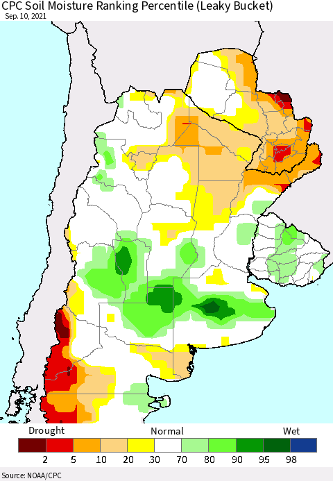 Southern South America CPC Soil Moisture Ranking Percentile Thematic Map For 9/6/2021 - 9/10/2021
