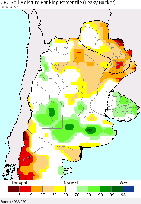 Southern South America CPC Soil Moisture Ranking Percentile Thematic Map For 9/11/2021 - 9/15/2021