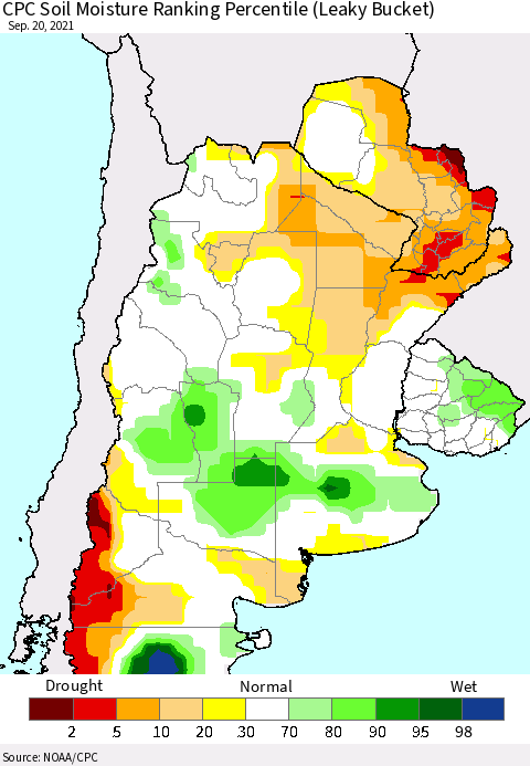 Southern South America CPC Soil Moisture Ranking Percentile Thematic Map For 9/16/2021 - 9/20/2021