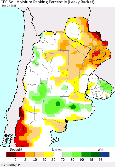 Southern South America CPC Soil Moisture Ranking Percentile Thematic Map For 9/21/2021 - 9/25/2021