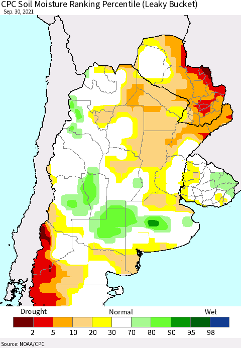 Southern South America CPC Soil Moisture Ranking Percentile Thematic Map For 9/26/2021 - 9/30/2021